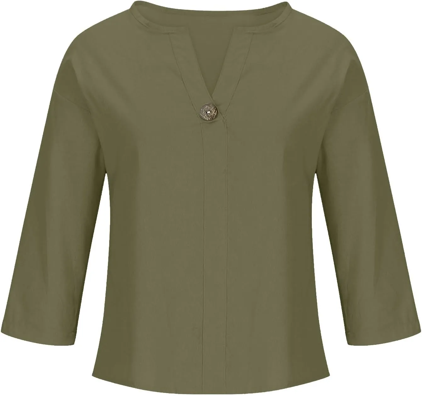 Roll Up 3/4 Sleeve Shirts for Women Cotton Linen Casual Button V Neck Summer Tops Trendy Loose Fit Plus Size Blouses