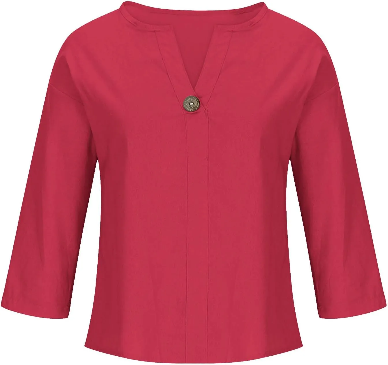 Roll Up 3/4 Sleeve Shirts for Women Cotton Linen Casual Button V Neck Summer Tops Trendy Loose Fit Plus Size Blouses