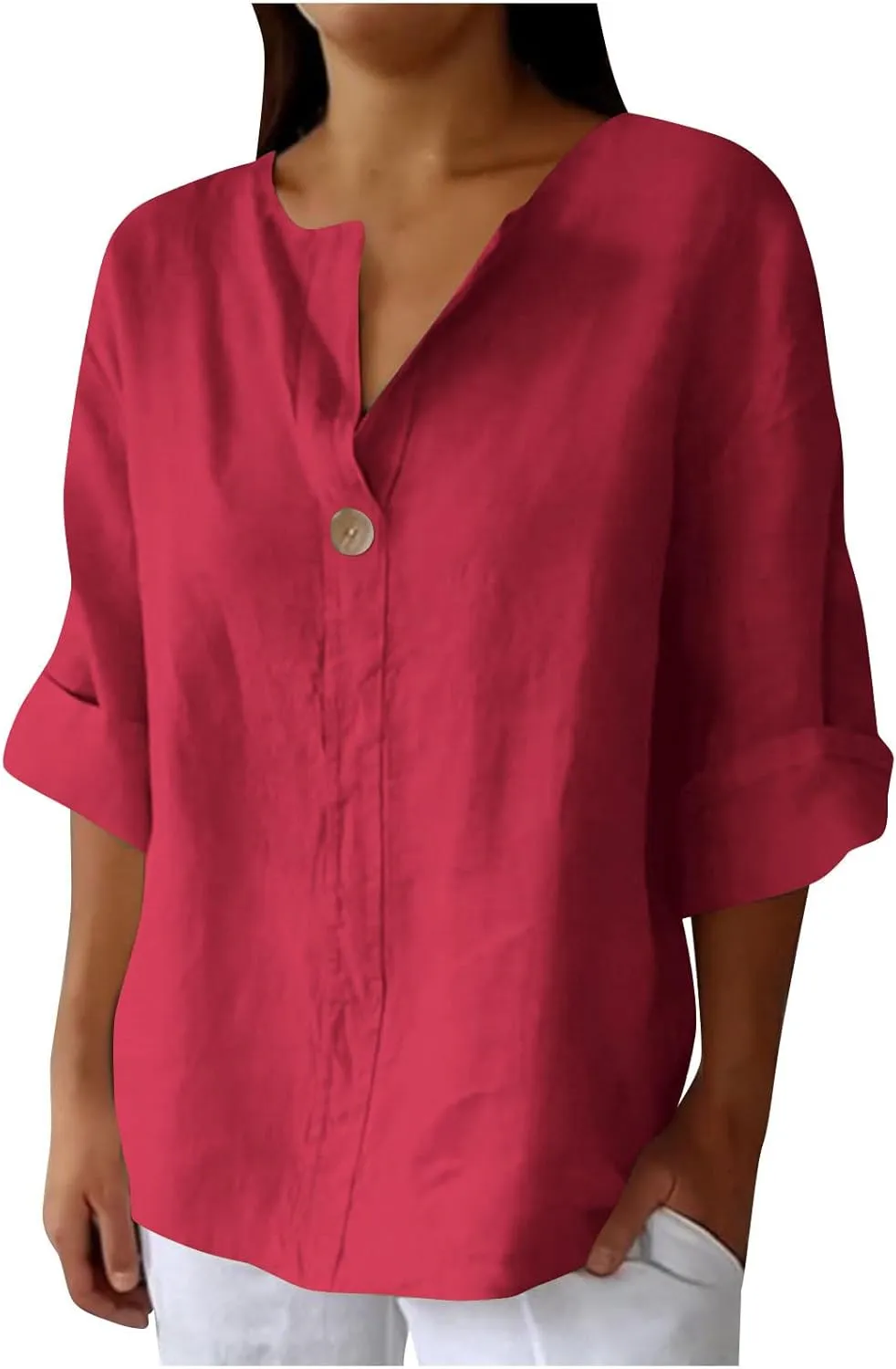 Roll Up 3/4 Sleeve Shirts for Women Cotton Linen Casual Button V Neck Summer Tops Trendy Loose Fit Plus Size Blouses