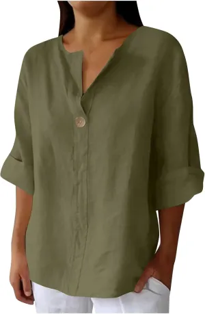Roll Up 3/4 Sleeve Shirts for Women Cotton Linen Casual Button V Neck Summer Tops Trendy Loose Fit Plus Size Blouses