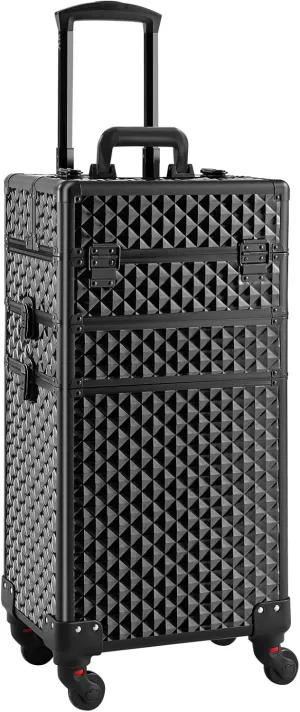 Rolling Makeup Case 3 in 1,Professional Makeup Train Case organizers,Large Storage Cosmetic case Trolley,Makeup Travel Case for Salon Barber Bright Black