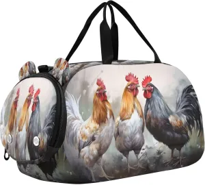 Rooster Pattern Kids Overnight Sports Duffel Bags with Shoe Compartment & Wet Pocket Travel Sport Gym Bag for Girls Boys