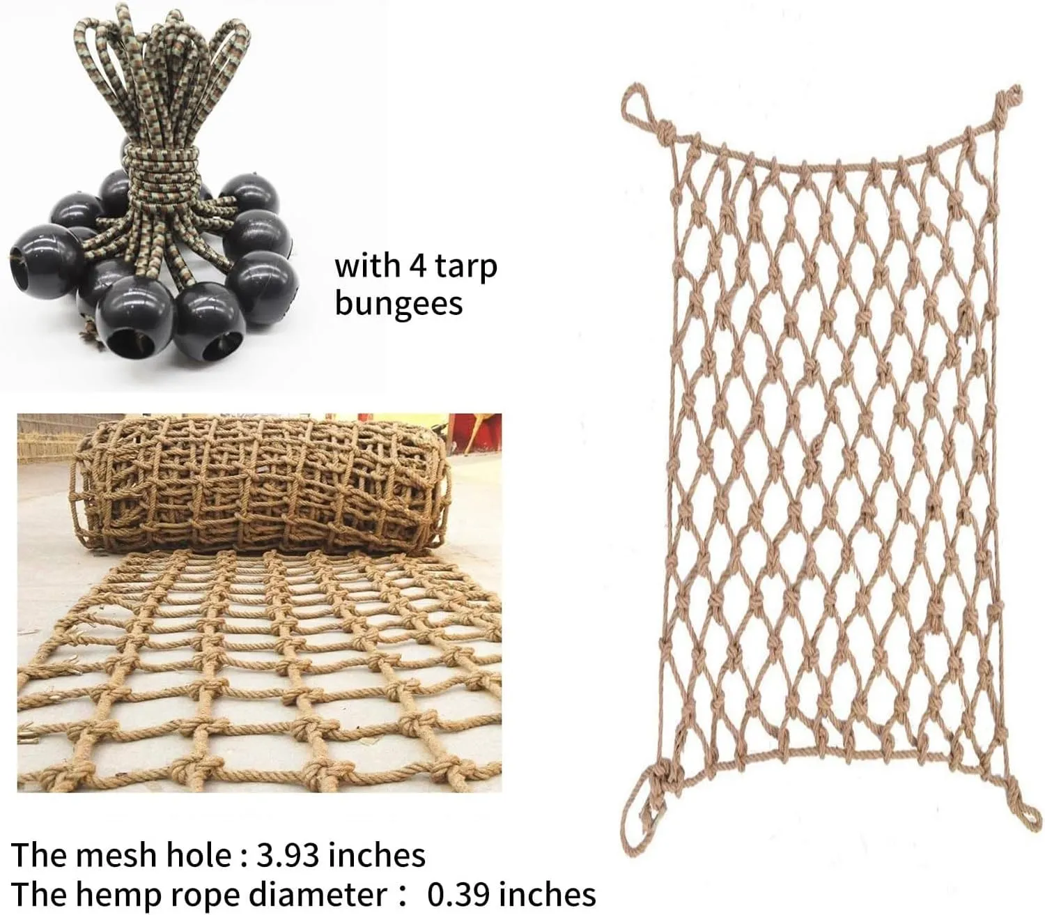 Rope Netting Heavy Duty, Treehouse Climbing Rope Netting Railing Child Safety Net Heavy Duty Cargo Net Hemp Rope Net Decorative Mesh 10x26FT / 3x8(M)