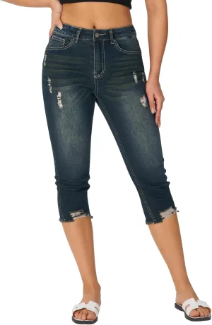 roswear Women's Capri Pants Mid Rise Skinny Ripped Stretchy Cropped Distressed Jeans