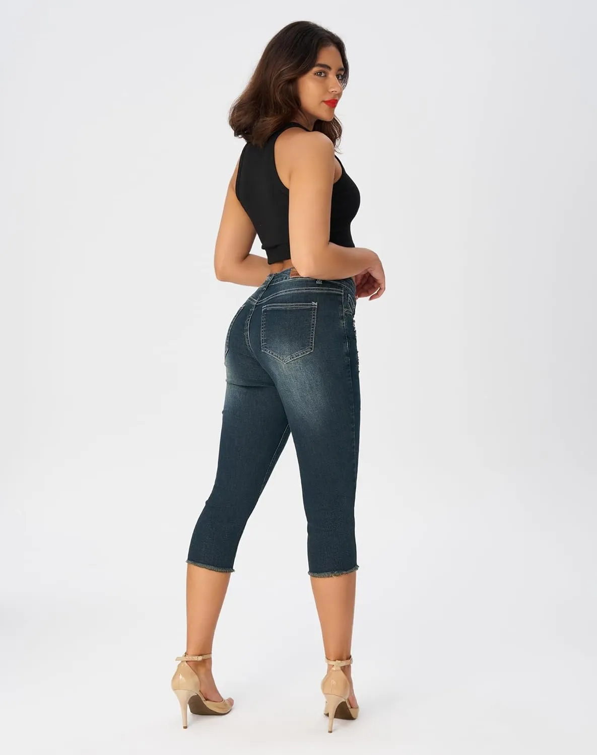 roswear Women's Capri Pants Mid Rise Skinny Ripped Stretchy Cropped Distressed Jeans