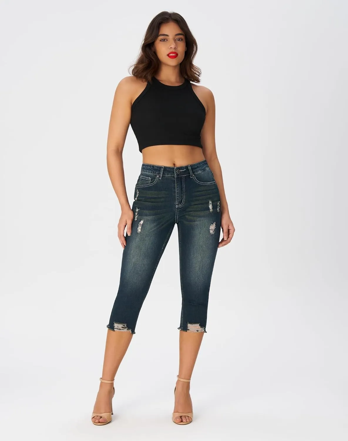 roswear Women's Capri Pants Mid Rise Skinny Ripped Stretchy Cropped Distressed Jeans