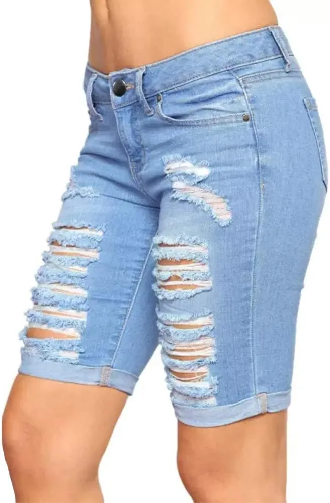 roswear Women's Distressed Knee Length Ripped Stretchy Jean Shorts
