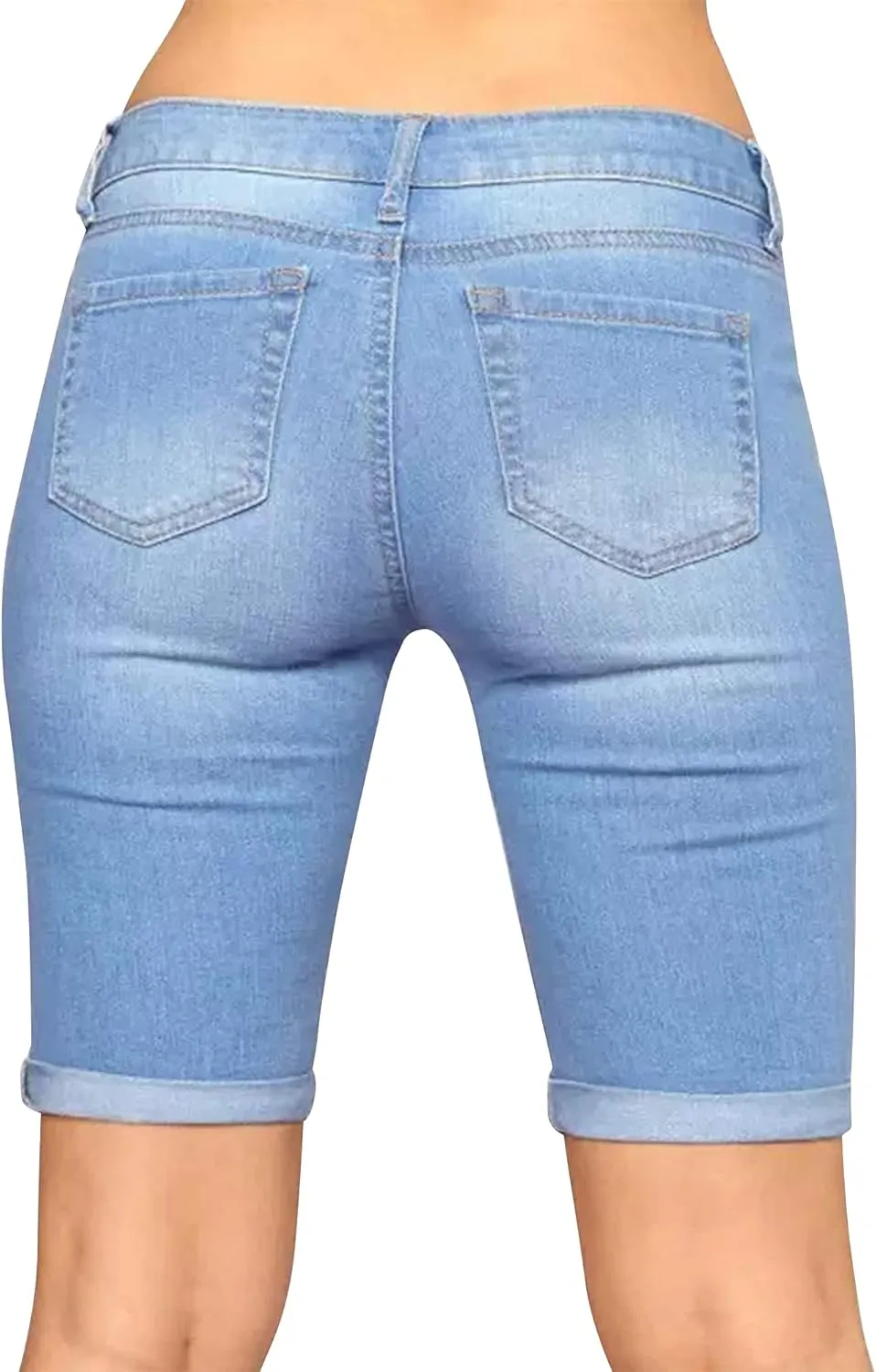 roswear Women's Distressed Knee Length Ripped Stretchy Jean Shorts