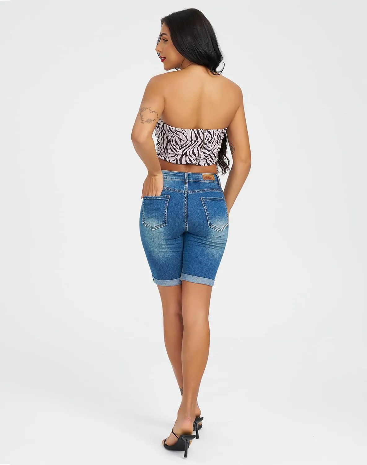 roswear Women's Distressed Knee Length Ripped Stretchy Jean Shorts