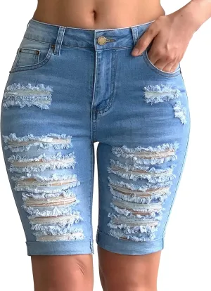 roswear Women's Distressed Knee Length Ripped Stretchy Jean Shorts