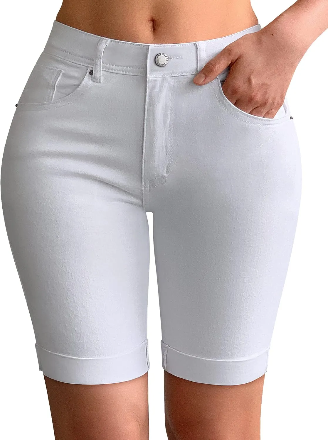roswear Womens Mid Rise Roll Cuff Bermuda Stretch Denim Jean Shorts