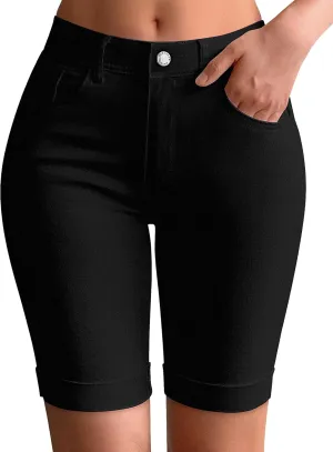 roswear Womens Mid Rise Roll Cuff Bermuda Stretch Denim Jean Shorts