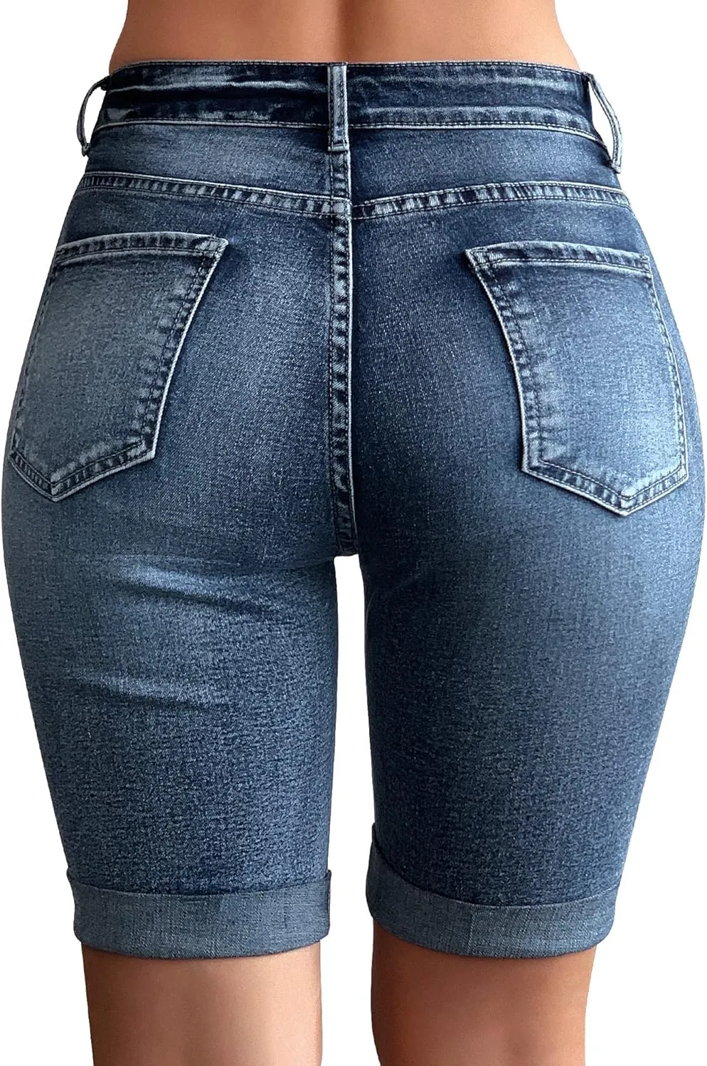 roswear Womens Mid Rise Roll Cuff Bermuda Stretch Denim Jean Shorts