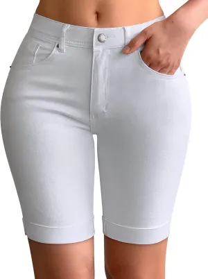 roswear Womens Mid Rise Roll Cuff Bermuda Stretch Denim Jean Shorts