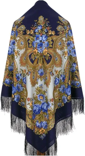 Russian Shawl 100% Wool 57x57 inches Pashmina Scarf 146x146 cm Woolen Huge Square Wrap Silk Tassels Fringe Pavlovoposadskiy Platok 1243-14