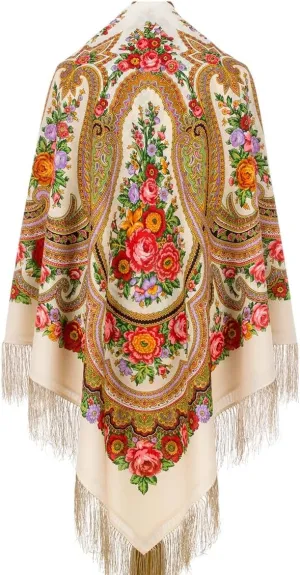 Russian Shawl 100% Wool 57x57 inches Pashmina Scarf 146x146 cm Woolen Huge Square Wrap Silk Tassels Fringe Pavlovoposadskiy Platok 1289-1