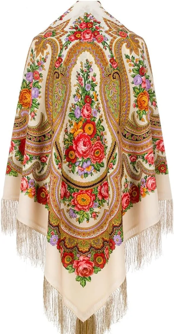 Russian Shawl 100% Wool 57x57 inches Pashmina Scarf 146x146 cm Woolen Huge Square Wrap Silk Tassels Fringe Pavlovoposadskiy Platok 1289-1