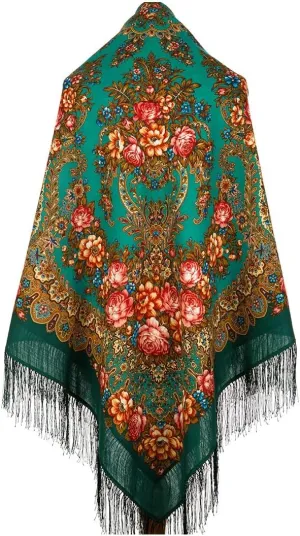 Russian Shawl 100% Wool 57x57 inches Pashmina Scarf 146x146 cm Woolen Huge Square Wrap Silk Tassels Fringe Pavlovoposadskiy Platok Pavloposadsky Shawl 1727-12