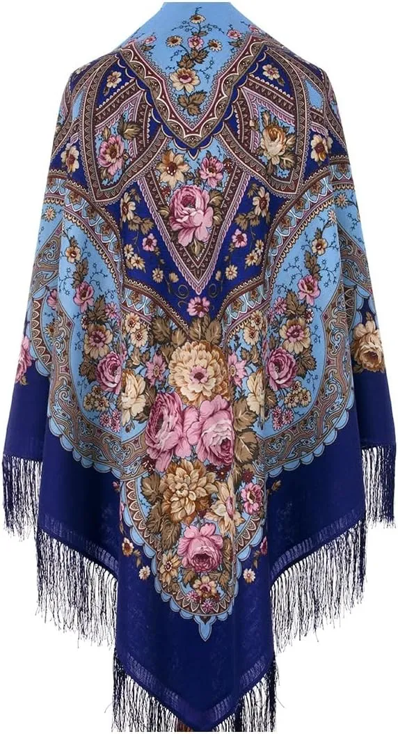 Russian Shawl 100% Wool 57x57 inches Pashmina Scarf 146x146 cm Woolen Huge Square Wrap Silk Tassels Fringe Pavlovoposadskiy Platok Pavloposadsky Shawl 754-13
