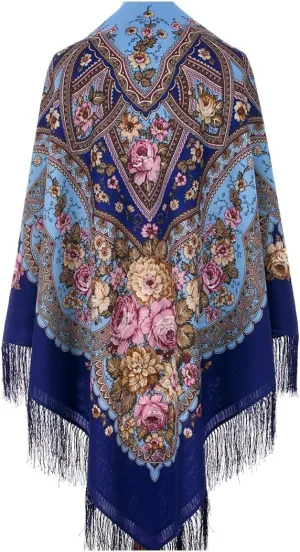Russian Shawl 100% Wool 57x57 inches Pashmina Scarf 146x146 cm Woolen Huge Square Wrap Silk Tassels Fringe Pavlovoposadskiy Platok Pavloposadsky Shawl 754-13