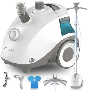 SALAV® Standing Steamer for Clothes, 1500W Powerful Garment Steamer with Roll Wheels, 4 Steam Settings, High Efficiency Stainless Steel Plate, with Limescale Remover Descaler Packets