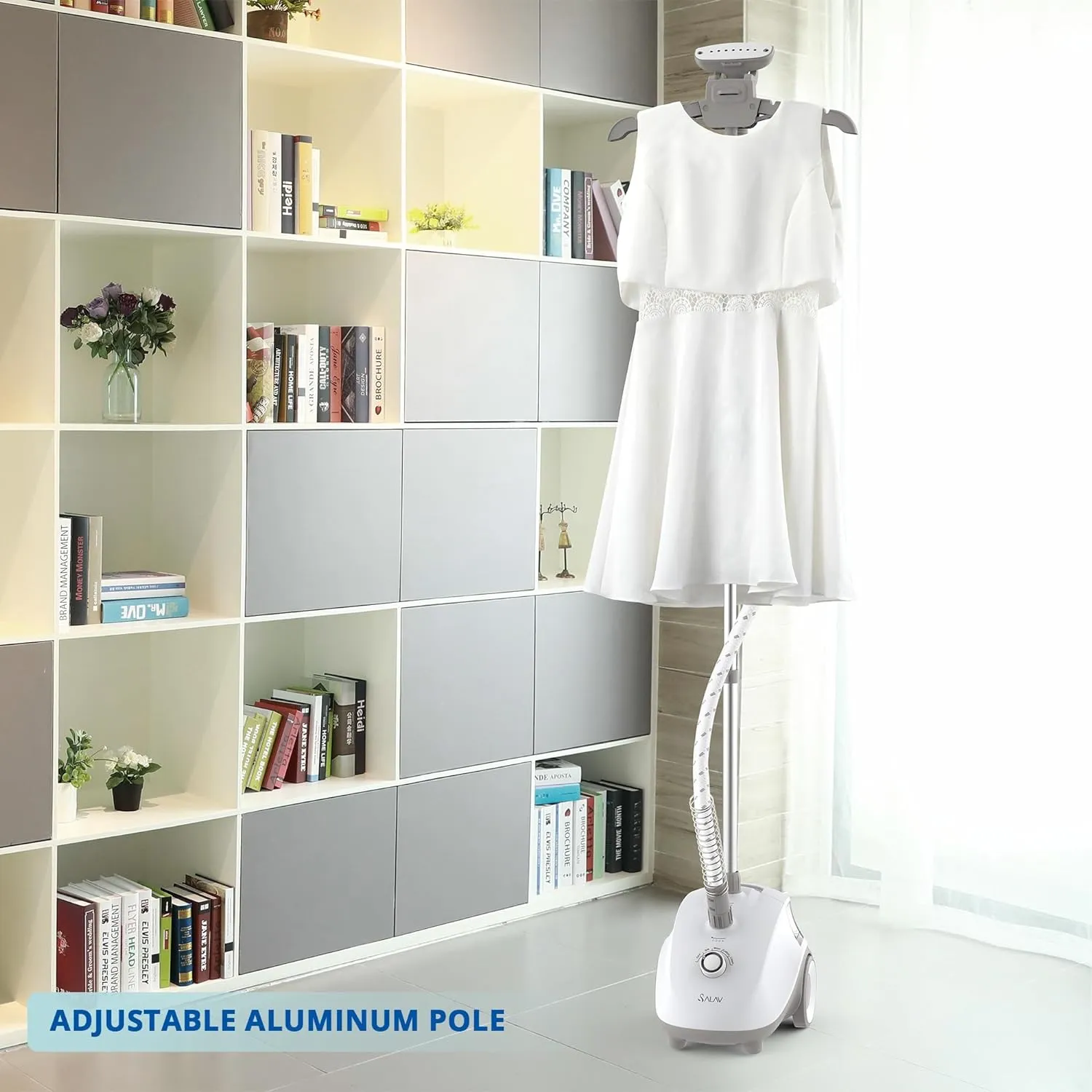 SALAV® Standing Steamer for Clothes, 1500W Powerful Garment Steamer with Roll Wheels, 4 Steam Settings, High Efficiency Stainless Steel Plate, with Limescale Remover Descaler Packets