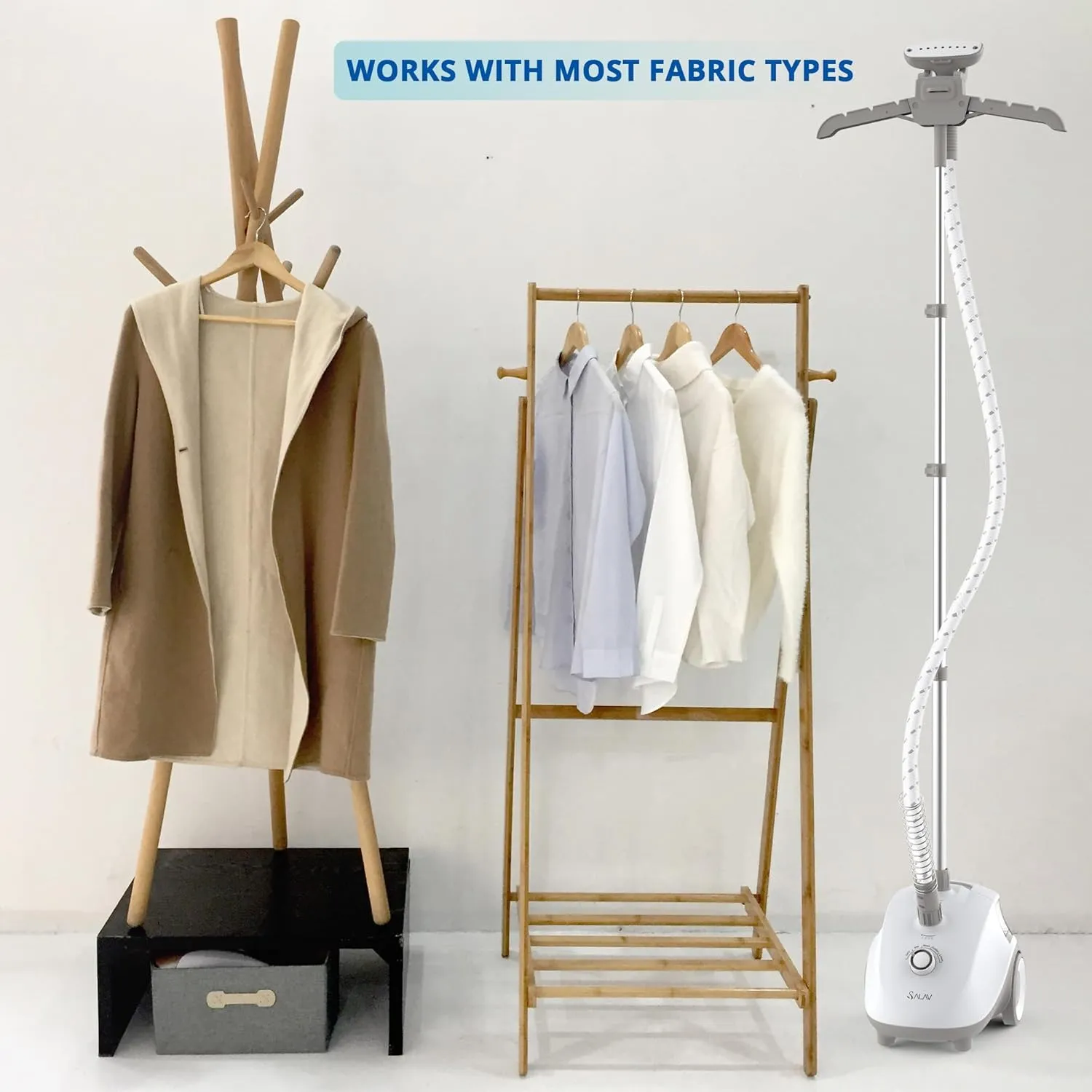 SALAV® Standing Steamer for Clothes, 1500W Powerful Garment Steamer with Roll Wheels, 4 Steam Settings, High Efficiency Stainless Steel Plate, with Limescale Remover Descaler Packets