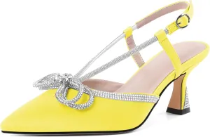 SAMMITOP Women's Slingback Rhinstone Bow Heels Low Kitten Heel Double Bow Pumps Pointed Toe Adjustable Ankle Strap Sparkly Prom Wedding Dress Shoes 2.5 Inch