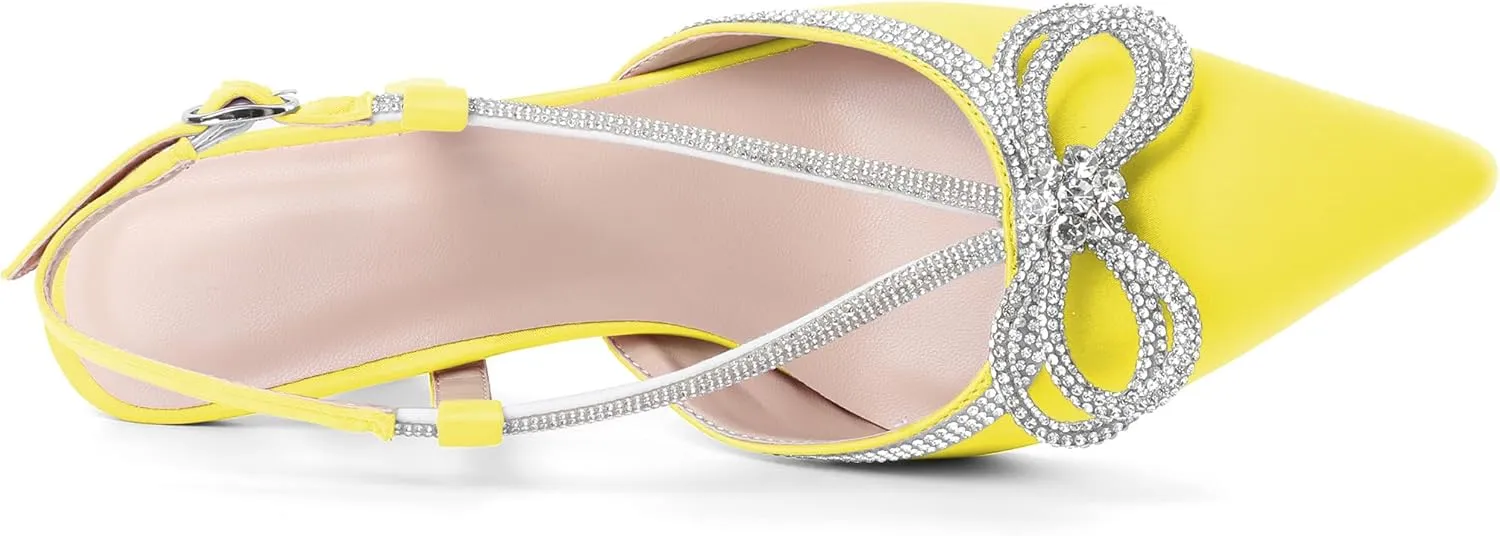 SAMMITOP Women's Slingback Rhinstone Bow Heels Low Kitten Heel Double Bow Pumps Pointed Toe Adjustable Ankle Strap Sparkly Prom Wedding Dress Shoes 2.5 Inch