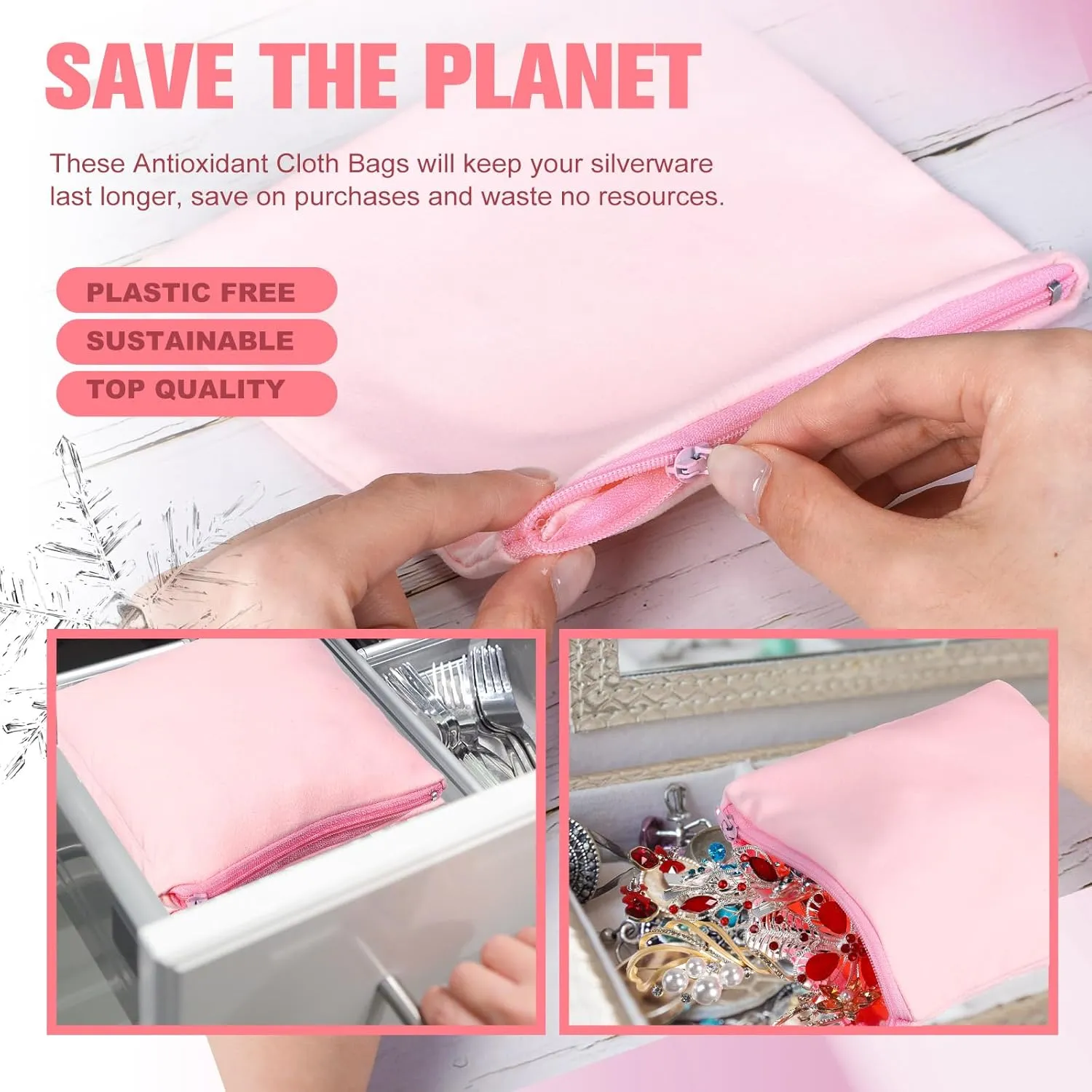 Sanwuta 8 Pcs Zippered Silver Storage Bags Anti Tarnish Silver Pouches Keeper Jewelry Storage Protector Bags(5.9 x 5.9 Inch,Pink)