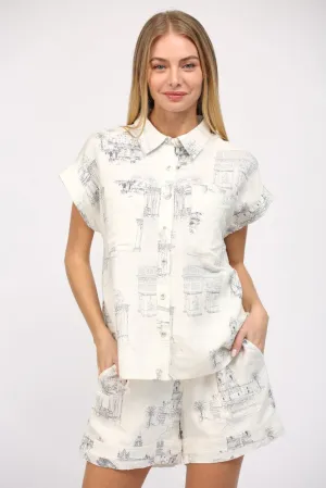 SCENIC PRINT LINEN BLEND SHORT CAP SLV SHIRT