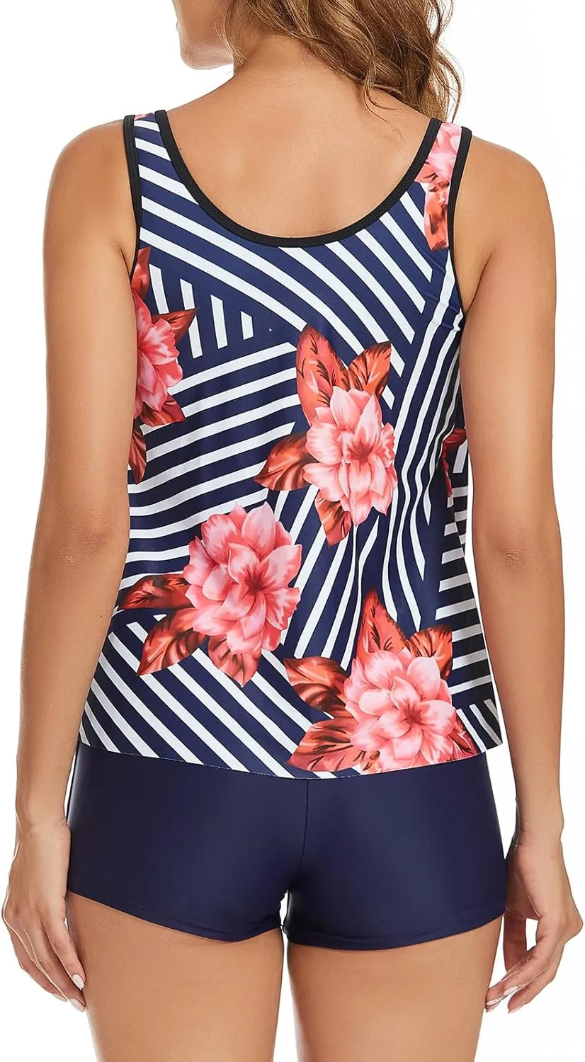 SEAFORM Tankini Swimsuits for Women 2 Piece Floral Print Tank Top with Tummy Control Boyshorts Women's Tankini Bathing Suits