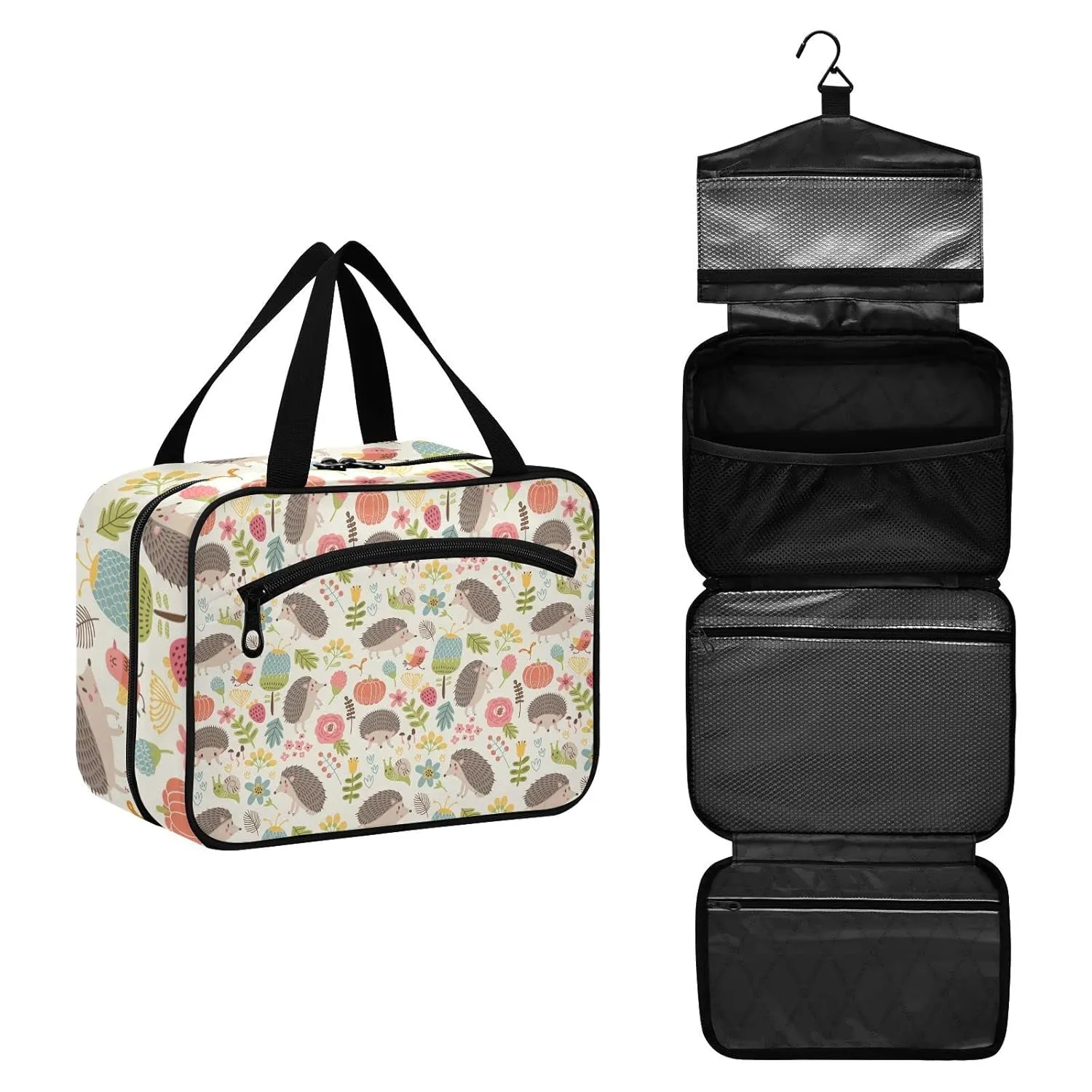 Seamless Forest Hedgehogs Herbs with Flowers Green Leaves Snails 1 PC Hanging Travel Wash bag with Handles, Portable Makeup Organizer Brush Storage Case Portable Travel Cosmetic with Hook M