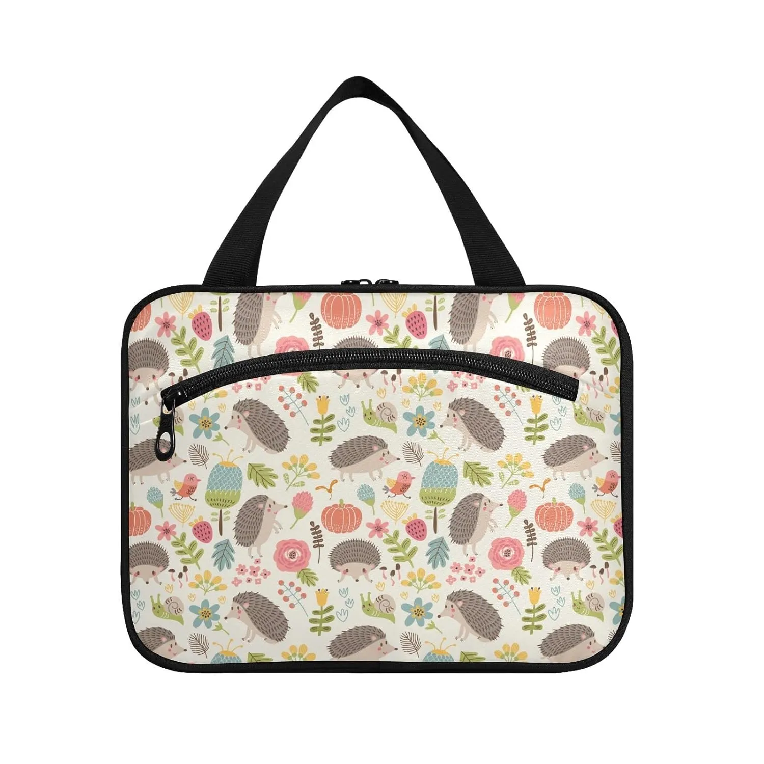 Seamless Forest Hedgehogs Herbs with Flowers Green Leaves Snails 1 PC Hanging Travel Wash bag with Handles, Portable Makeup Organizer Brush Storage Case Portable Travel Cosmetic with Hook M