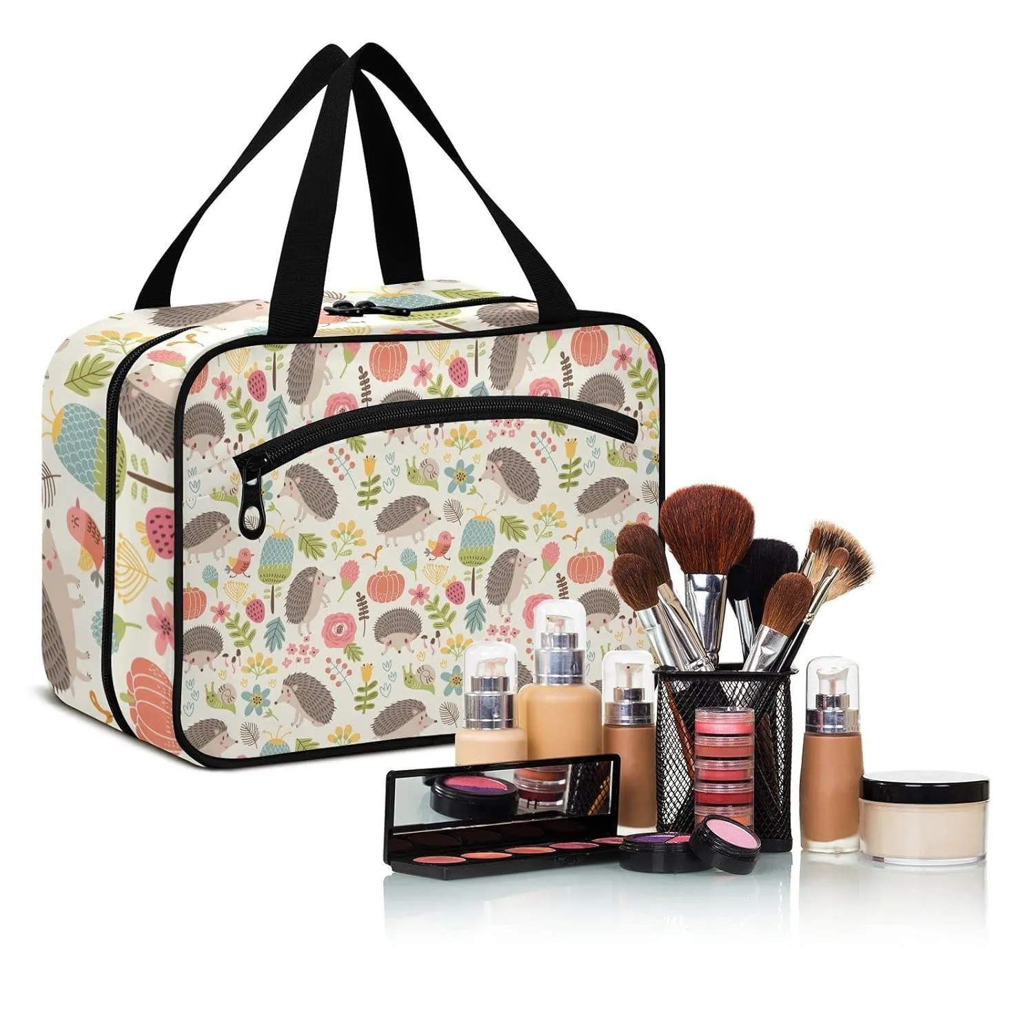 Seamless Forest Hedgehogs Herbs with Flowers Green Leaves Snails 1 PC Hanging Travel Wash bag with Handles, Portable Makeup Organizer Brush Storage Case Portable Travel Cosmetic with Hook M