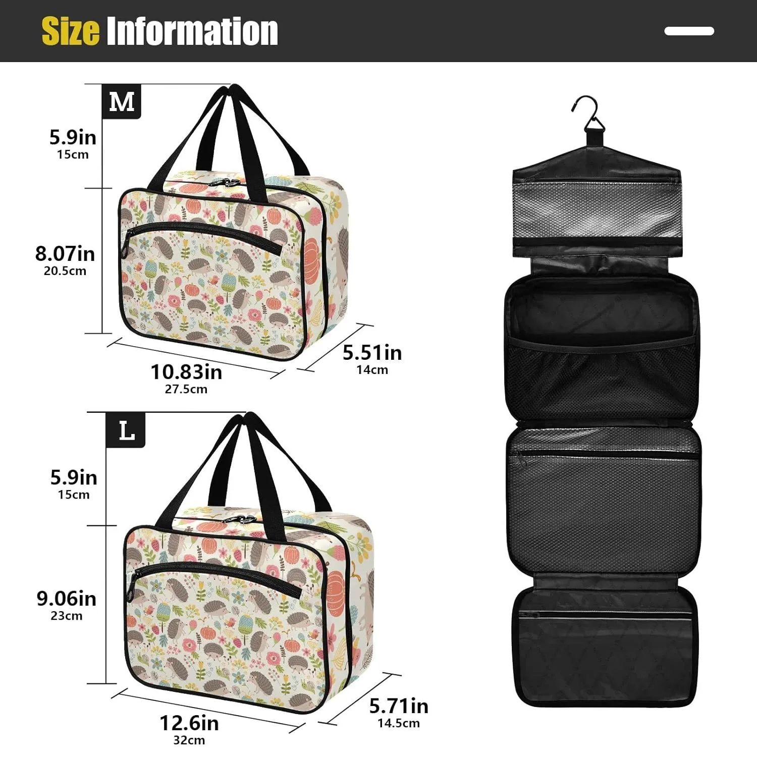 Seamless Forest Hedgehogs Herbs with Flowers Green Leaves Snails 1 PC Hanging Travel Wash bag with Handles, Portable Makeup Organizer Brush Storage Case Portable Travel Cosmetic with Hook M