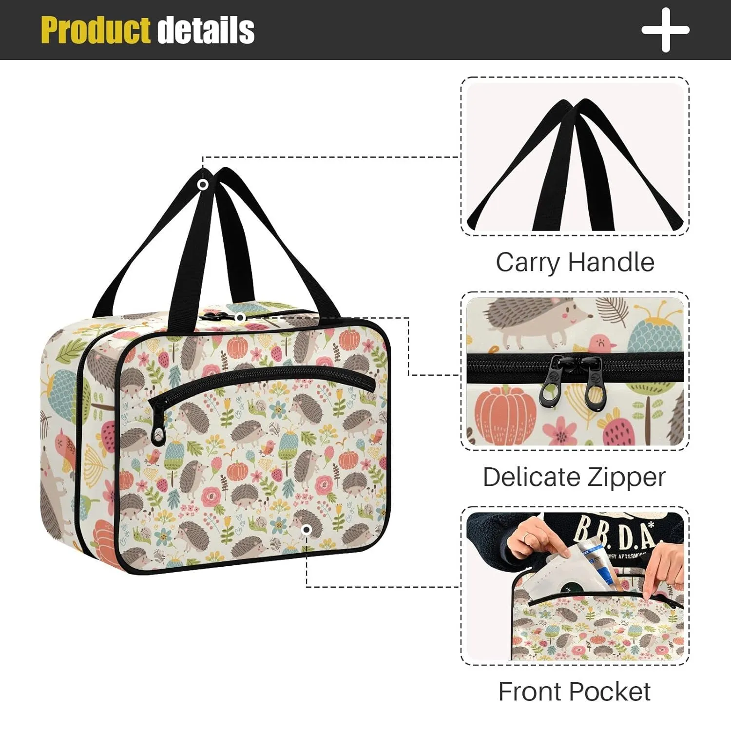 Seamless Forest Hedgehogs Herbs with Flowers Green Leaves Snails 1 PC Hanging Travel Wash bag with Handles, Portable Makeup Organizer Brush Storage Case Portable Travel Cosmetic with Hook M