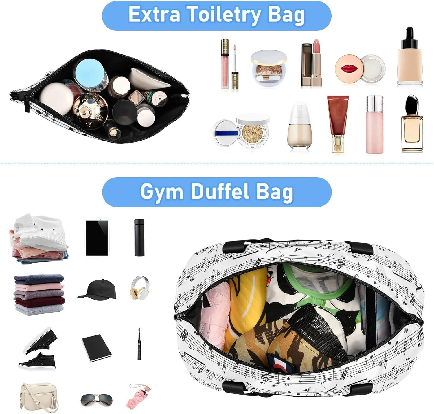Seamless Retro Music Notes Black Ink Hand Drawn icons Artistic Gym Duffel Bag, Polyester Travel Weekender Luggage Handbag with Waterproof Pocket for Wet Items, Unisex Foldable Tote for Sports