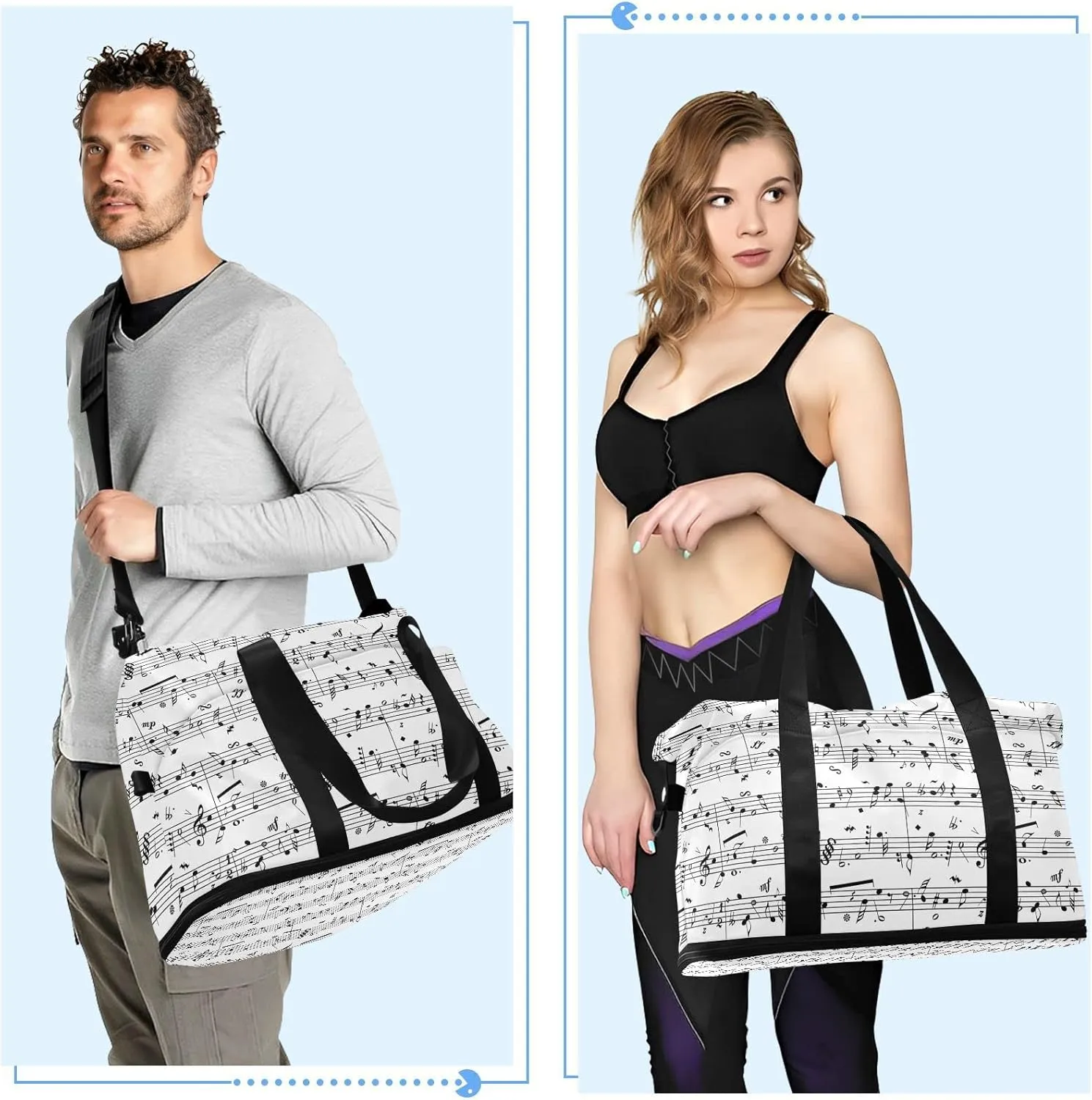 Seamless Retro Music Notes Black Ink Hand Drawn icons Artistic Gym Duffel Bag, Polyester Travel Weekender Luggage Handbag with Waterproof Pocket for Wet Items, Unisex Foldable Tote for Sports