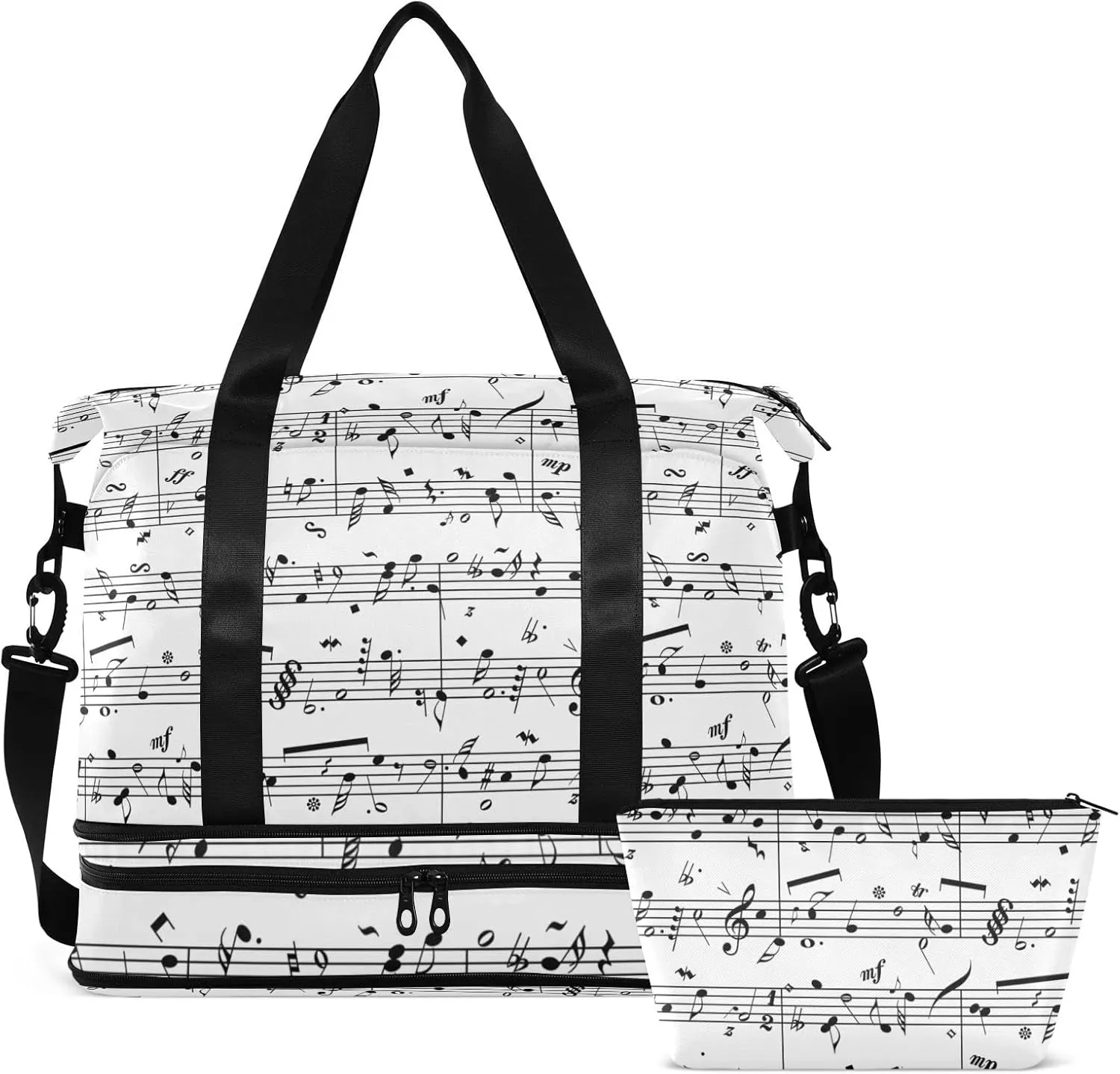 Seamless Retro Music Notes Black Ink Hand Drawn icons Artistic Gym Duffel Bag, Polyester Travel Weekender Luggage Handbag with Waterproof Pocket for Wet Items, Unisex Foldable Tote for Sports