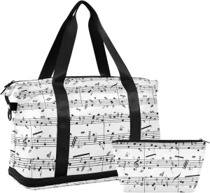 Seamless Retro Music Notes Black Ink Hand Drawn icons Artistic Gym Duffel Bag, Polyester Travel Weekender Luggage Handbag with Waterproof Pocket for Wet Items, Unisex Foldable Tote for Sports