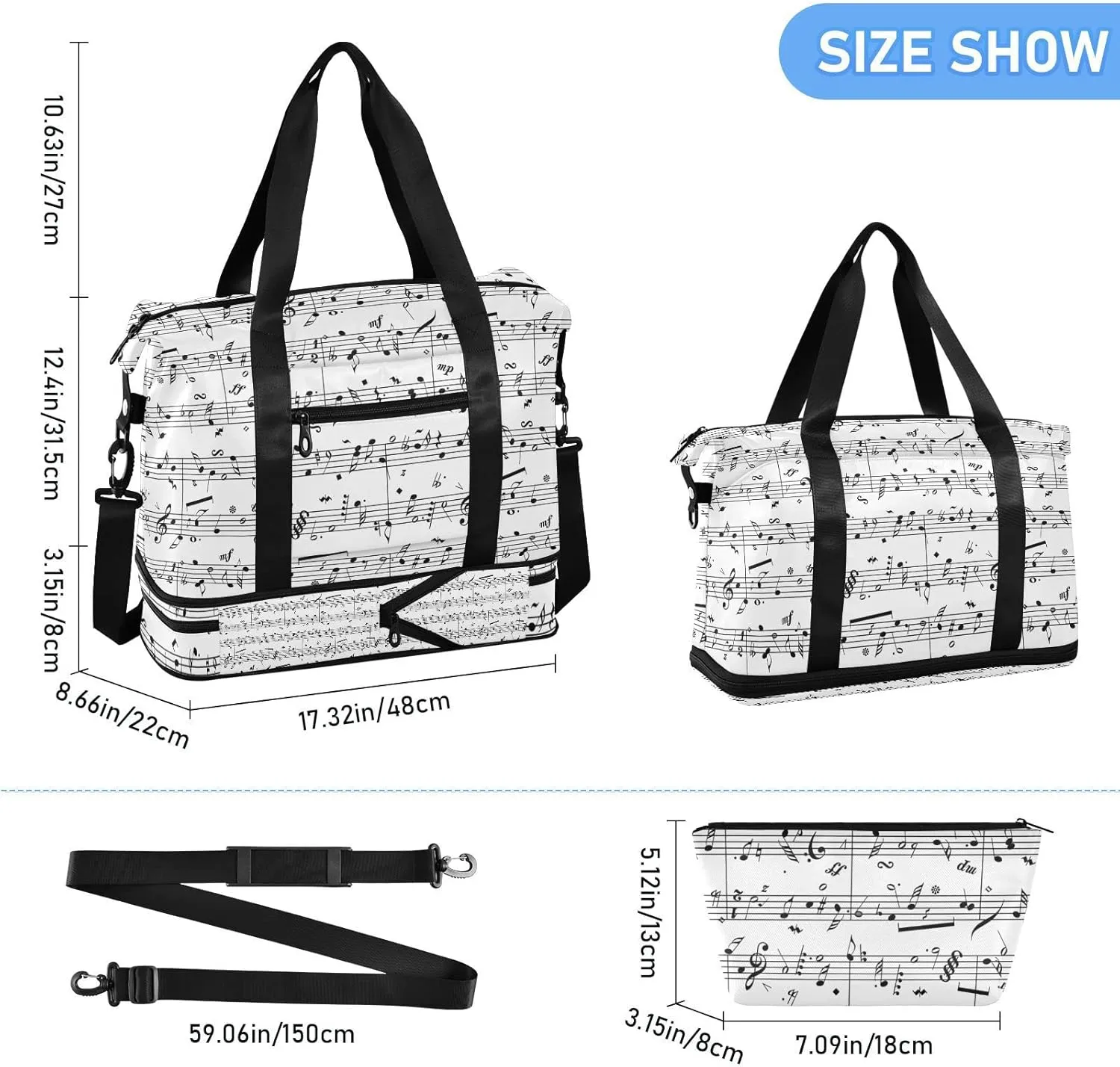 Seamless Retro Music Notes Black Ink Hand Drawn icons Artistic Gym Duffel Bag, Polyester Travel Weekender Luggage Handbag with Waterproof Pocket for Wet Items, Unisex Foldable Tote for Sports