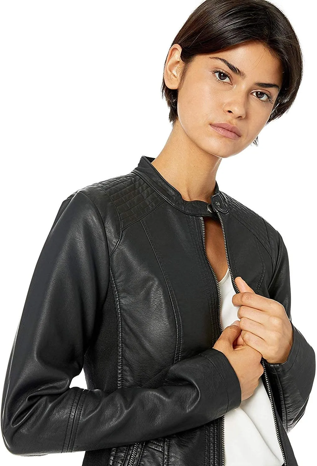Sebby Collection Women's Faux Leather Jacket with Moto Details and Front Zip Pockets