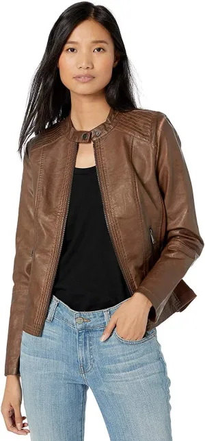 Sebby Collection Women's Faux Leather Jacket with Moto Details and Front Zip Pockets