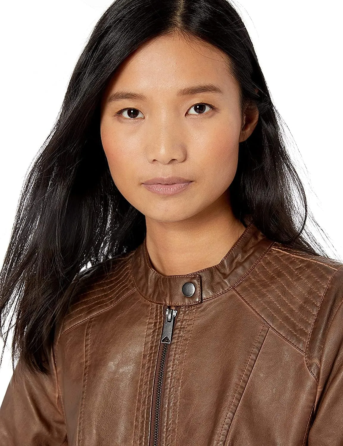 Sebby Collection Women's Faux Leather Jacket with Moto Details and Front Zip Pockets