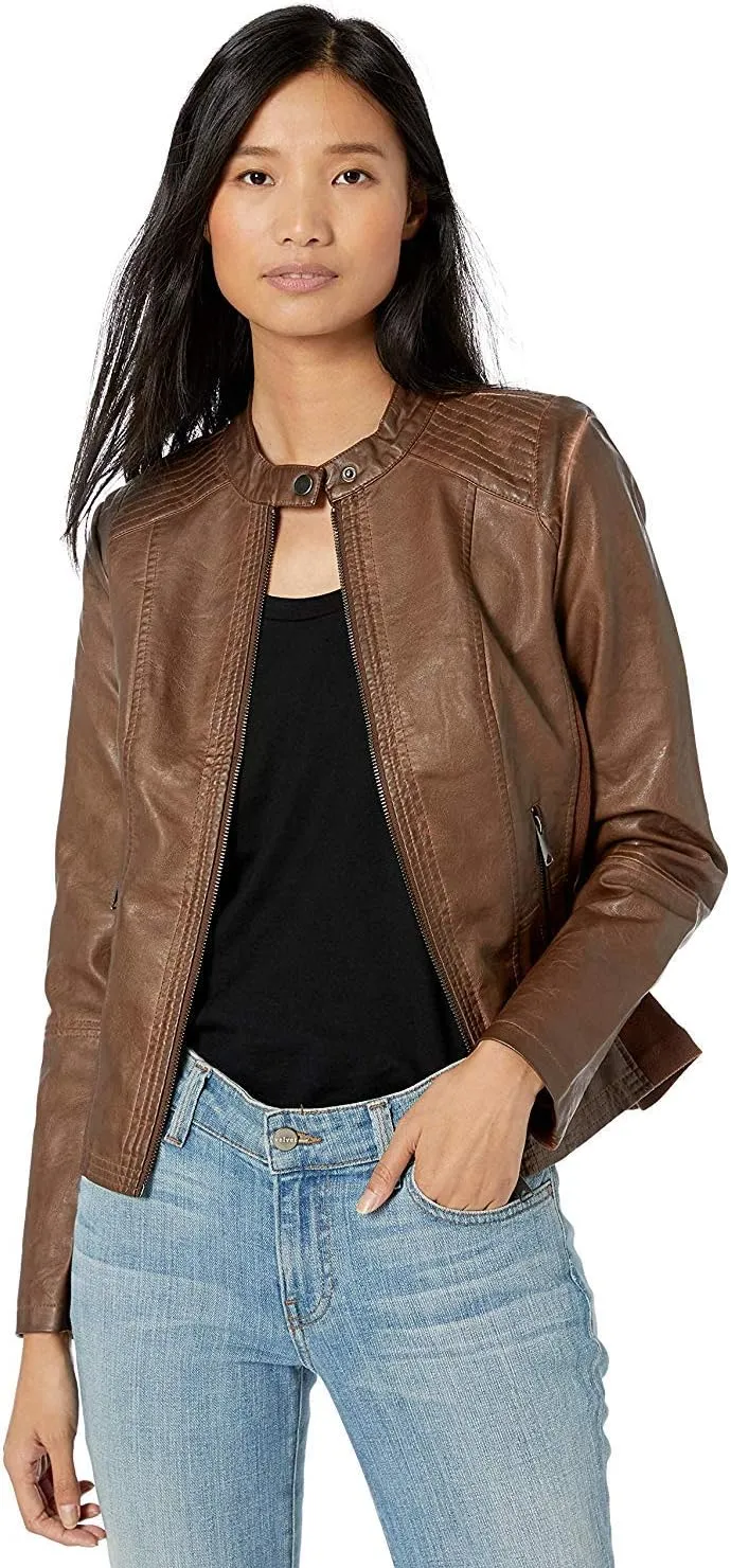 Sebby Collection Women's Faux Leather Jacket with Moto Details and Front Zip Pockets