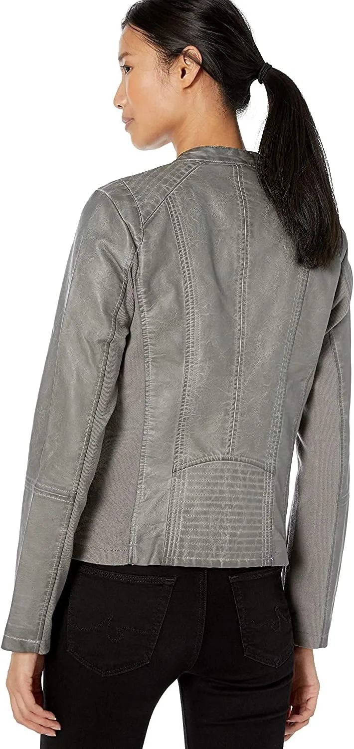 Sebby Collection Women's Faux Leather Jacket with Moto Details and Front Zip Pockets