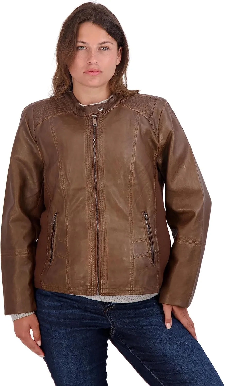 Sebby Collection Women's Faux Leather Jacket with Moto Details and Front Zip Pockets
