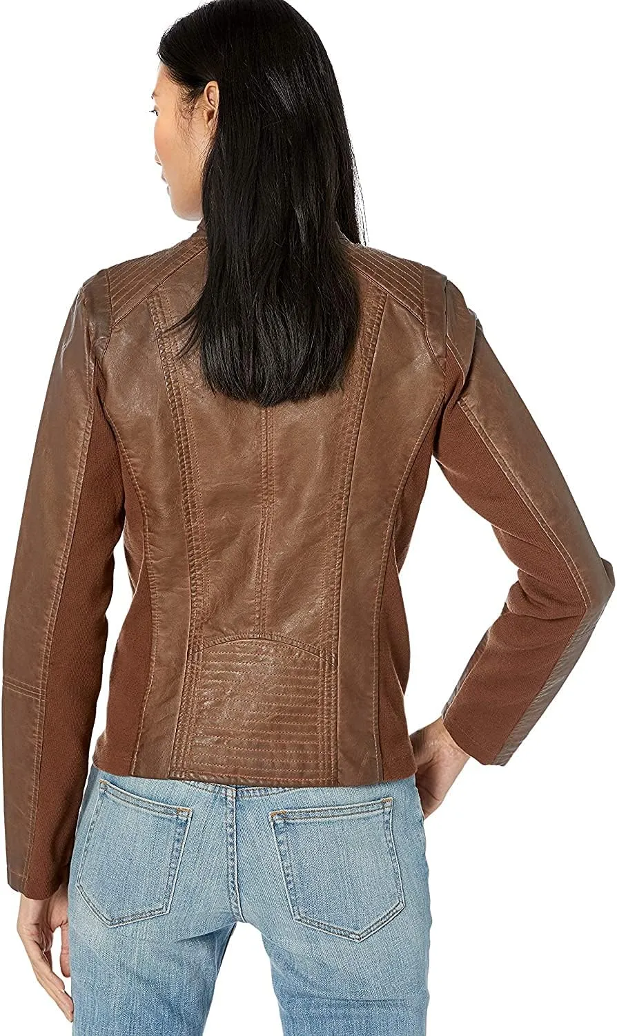 Sebby Collection Women's Faux Leather Jacket with Moto Details and Front Zip Pockets