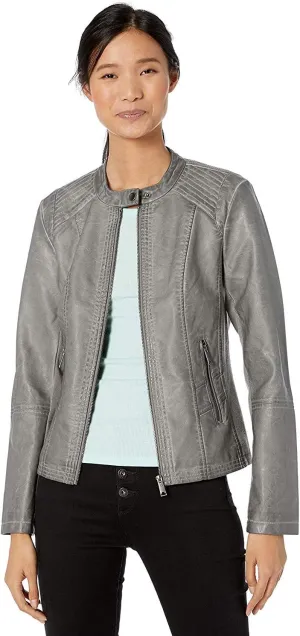 Sebby Collection Women's Faux Leather Jacket with Moto Details and Front Zip Pockets